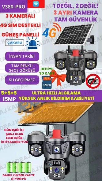 15MP 3 Kameralı Sim Kartlı Kamera, Solar Panelli Kamera,İnsan Algılama, Hareket Takibi, Sesli Alar, Çakarlı Kamera