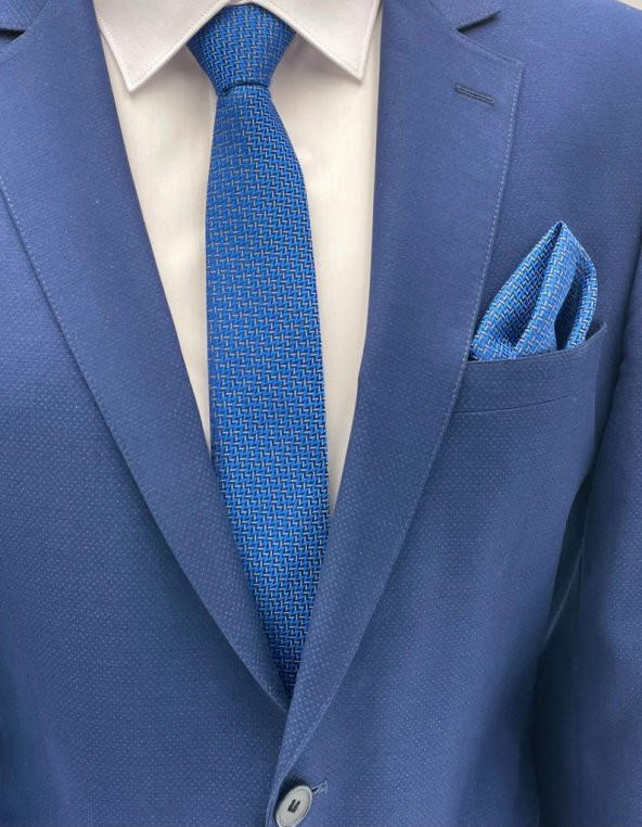 Brianze Mavi Lacivert Desenli Kravat Mendil Set