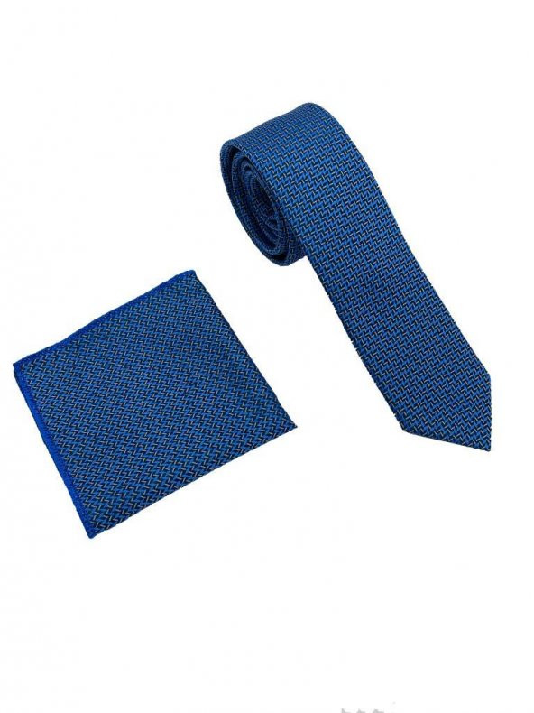 Brianze Mavi Lacivert Desenli Kravat Mendil Set - 2