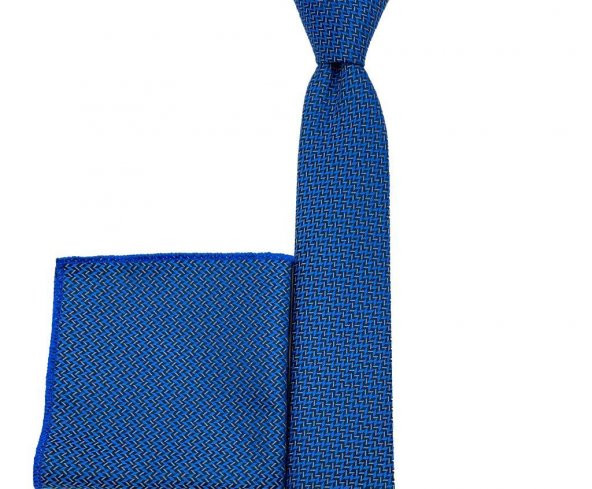 Brianze Mavi Lacivert Desenli Kravat Mendil Set - 3