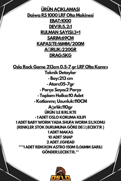 Oslo Rock Game 213cm 0,5-7gr Daiwa RS 1000 LRF 8 Örgü Olta Seti - Resim 2