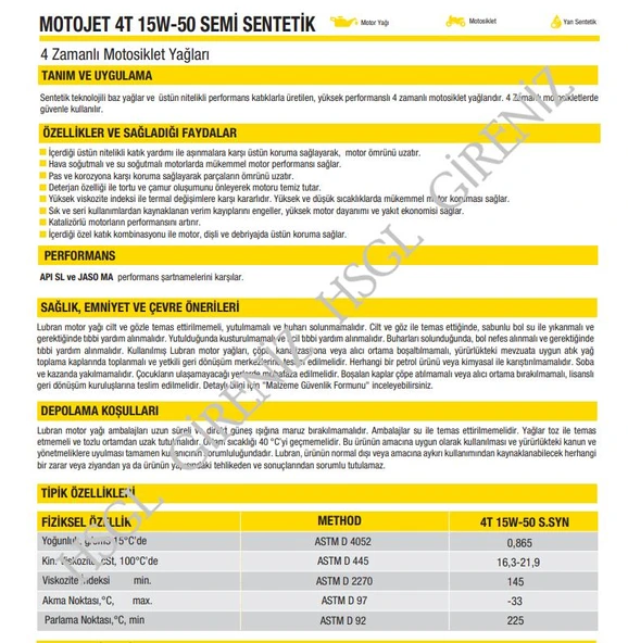 HSGL Lubran 4T MotoJet 15W-50 API SL Motor Yağı 1 Litre Yüksek Performanslı 4 Zamanlı Motosiklet Yağı - Resim 2