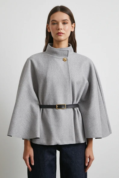 Kemerli Kaşe Panço Gri - Resim 5