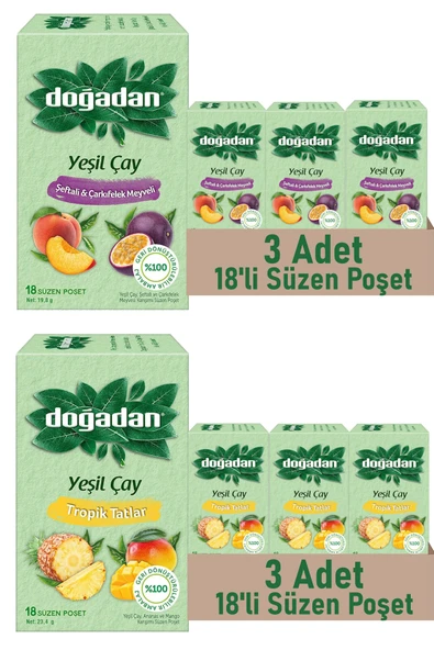 Doğadan Tropik Tatlar ve Şeftali & Çarkıfelek Meyveli Poşet Yeşil Çay 18'li x 6 Adet ürün görseli
