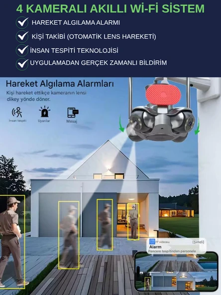 IO781 WİFİ Güvenlik Kamerası 4 Kameralı 20MP ULTRA HD PTZ Hareketli Sesli Gece Görüşlü Akıllı Kamera - 3