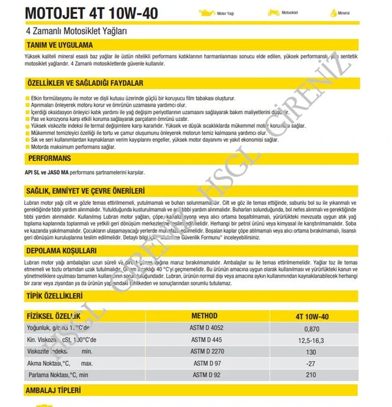 HSGL Lubran 4T MotoJet 10W-40 API SL Motor Yağı 1 Litre Yüksek Performanslı 4 Zamanlı Motosiklet Yağ - Resim 2