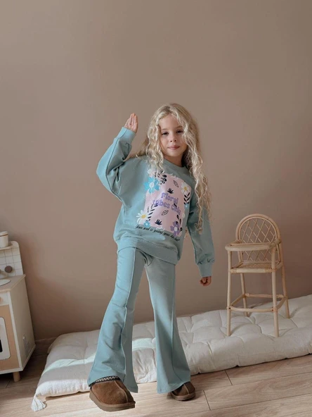 Cg Kids Floral Vibes Baskılı Su Yeşili Kız Çocuk 2 İplik Alt Üst Takım Süper Kalite Kumaş İspanyol Paça