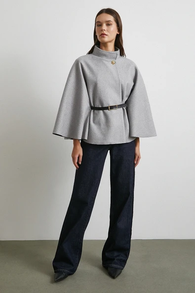 Kemerli Kaşe Panço Gri - Resim 4