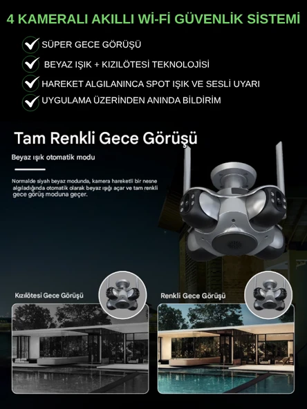 IO781 WİFİ Güvenlik Kamerası 4 Kameralı 20MP ULTRA HD PTZ Hareketli Sesli Gece Görüşlü Akıllı Kamera - 4