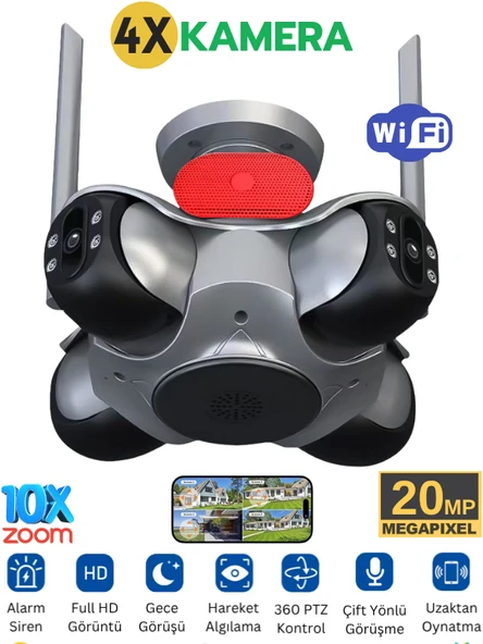IO781 WİFİ Güvenlik Kamerası 4 Kameralı 20MP ULTRA HD PTZ Hareketli Sesli Gece Görüşlü Akıllı Kamera