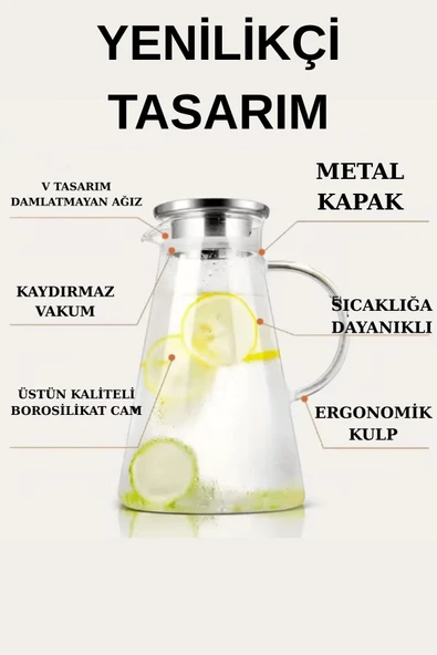 Metal Kapaklı Borosilikat Cam Sürahi 1.8 Litre - Resim 2