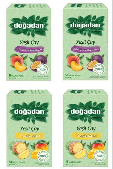 Doğadan Tropik Tatlar ve Şeftali & Çarkıfelek Meyveli Poşet Yeşil Çay 18'li x 4 Adet ürün görseli