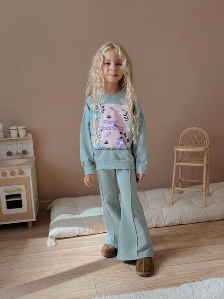 Cg Kids Floral Vibes Baskılı Su Yeşili Kız Çocuk 2 İplik Alt Üst Takım Süper Kalite Kumaş İspanyol Paça - 2