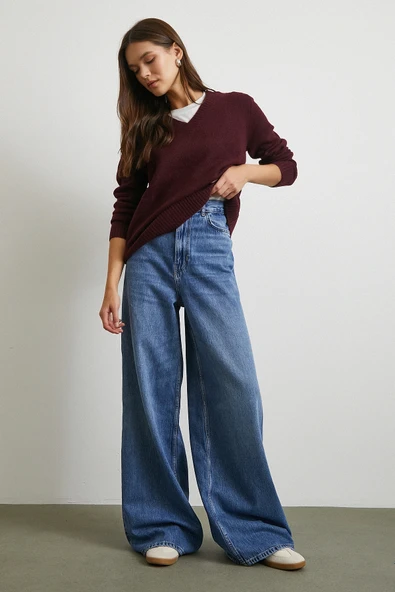 Yüksek Bel Geniş Paça Beş Cepli Jean Mavi ürün görseli 1