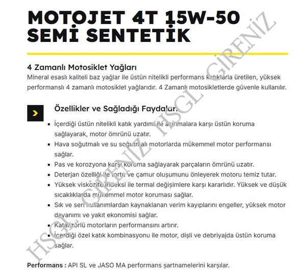 HSGL Lubran 4T MotoJet 15W-50 API SL Motor Yağı 1 Litre Yüksek Performanslı 4 Zamanlı Motosiklet Yağı - Resim 4