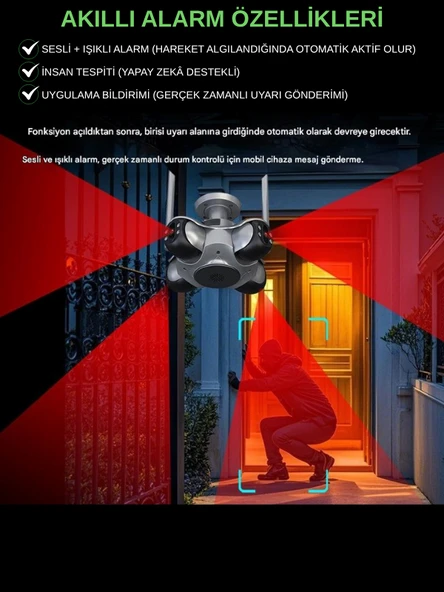 IO781 WİFİ Güvenlik Kamerası 4 Kameralı 20MP ULTRA HD PTZ Hareketli Sesli Gece Görüşlü Akıllı Kamera - 6