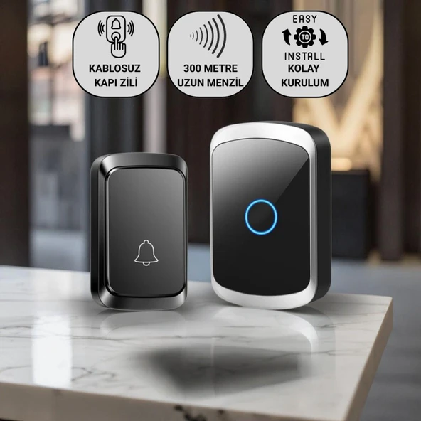 Coofbe Led Işıklı Su Gecirmez Kablosuz Kapı Zili 300 Metre Uzun Menzilli Ev, Ofis Yazlık İçin Yüksek Sesli