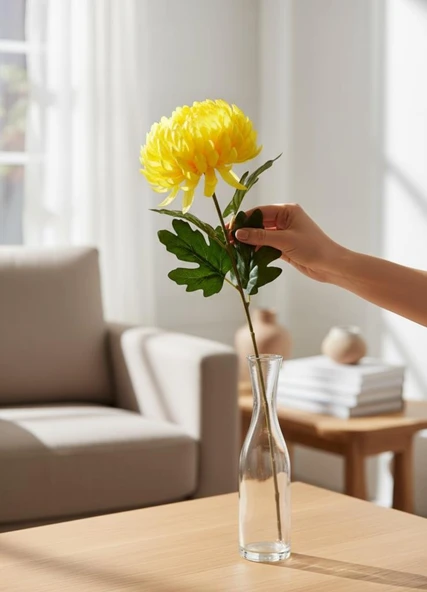 Yapay Çiçek Krizantem Sarı Açık 90cm Tek Dal Kumaş Çiçek Uzun Dal - Resim 8