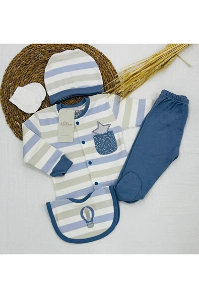 Aziz Bebe %100 Pamuk Erkek Bebek 5'Li Hastane Çıkışı İndigo AZZ.İNDG.5344 - 2