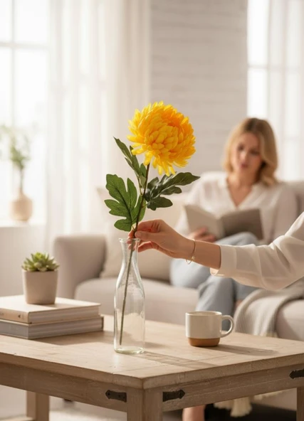 Yapay Çiçek Krizantem Sarı Koyu 90cm Tek Dal Kumaş Çiçek Uzun Dal - Resim 4