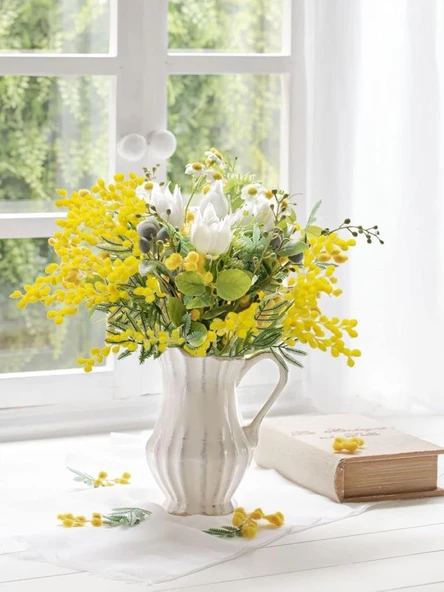 Yapay Çiçek Sarı Mimoza Demeti 5 Dallı 38cm Mimosa Yapay Bitki - 4