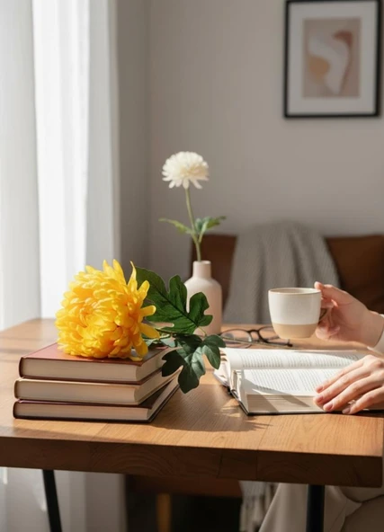 Yapay Çiçek Krizantem Sarı Koyu 90cm Tek Dal Kumaş Çiçek Uzun Dal - Resim 3