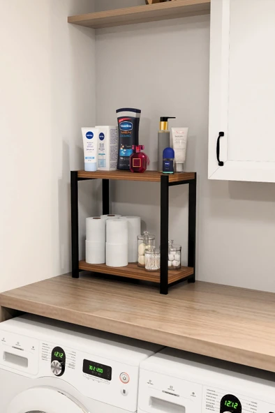 Steel Design 2 Katlı Ahşap ve Metal Banyo Düzenleyici Raf, Lavabo  Çamaşır Makinesi Üstü Çok Amaçlı Organizer Ceviz - 6