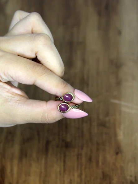 Doğal Taş Ametist İkili Doğal Taşlı Antik Model Kadın Ayarlanabillir Yüzük euy75amt - Resim 3