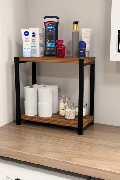 Steel Design 2 Katlı Ahşap ve Metal Banyo Düzenleyici Raf, Lavabo  Çamaşır Makinesi Üstü Çok Amaçlı Organizer Ceviz - 3
