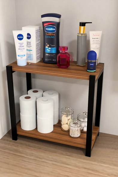Steel Design 2 Katlı Ahşap ve Metal Banyo Düzenleyici Raf, Lavabo  Çamaşır Makinesi Üstü Çok Amaçlı Organizer Ceviz - 2