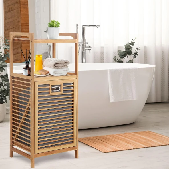 2 Organizer Raflı Ahşap Bambu Çek-Aç Kirli Sepeti - 4