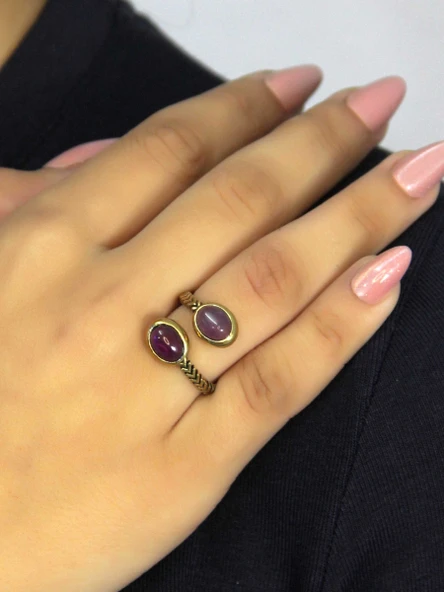 Doğal Taş Ametist İkili Doğal Taşlı Antik Model Kadın Ayarlanabillir Yüzük euy75amt - Resim 2