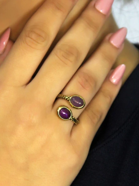 Doğal Taş Ametist İkili Doğal Taşlı Antik Model Kadın Ayarlanabillir Yüzük euy75amt ürün görseli