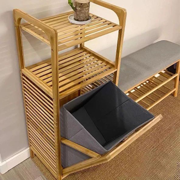 2 Organizer Raflı Ahşap Bambu Çek-Aç Kirli Sepeti - 5