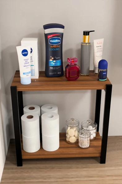 Steel Design 2 Katlı Ahşap ve Metal Banyo Düzenleyici Raf, Lavabo  Çamaşır Makinesi Üstü Çok Amaçlı Organizer Ceviz