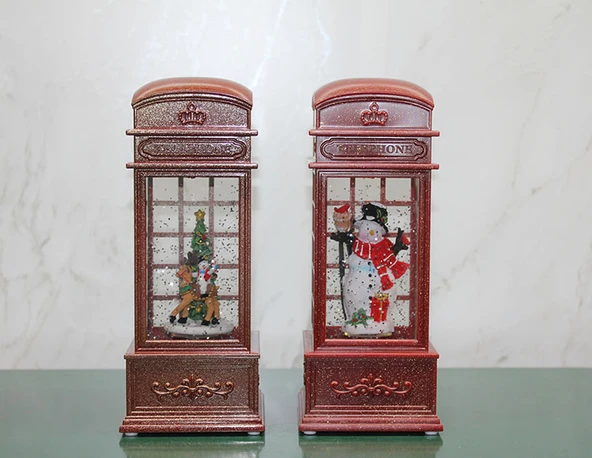 Telefon Kulübesi Tasarımlı Yılbaşı Temalı Işıklı Müzikli Kar Küresi Model 2 - 1