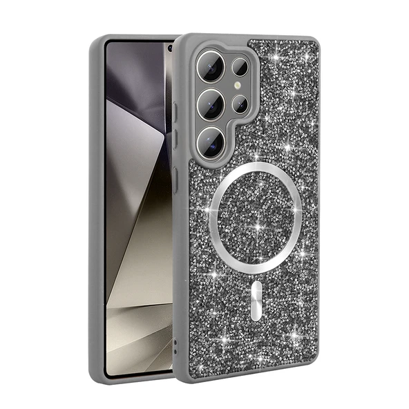 Galaxy S25 Ultra Kılıf Pırlanta Tasarımlı M-safe Şarj Özellikli  Mozaik Silikon Kapak - Resim 3