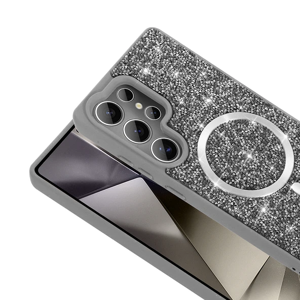 Galaxy S25 Ultra Kılıf Pırlanta Tasarımlı M-safe Şarj Özellikli  Mozaik Silikon Kapak - Resim 6