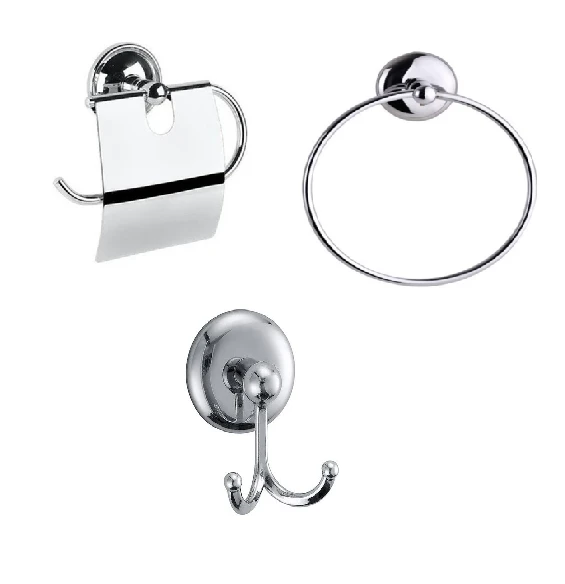 MK Yapışkanlı Krom Üçlü Banyo Aksesuar Seti - Yuvarlak Havluluk - Banyo Askısı - Kapaklı Tuvalet Kağıtlık ürün görseli