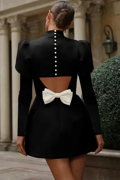 MDB Kadın Uzun Kollu Yarı Balıkçı Yaka Arkadan Kurdela Detaylı Mini Atlas Elbise ürün görseli 1