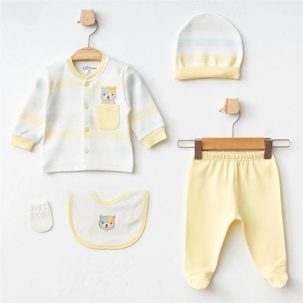 Aziz Bebe %100 Pamuk Erkek Bebek 5'Li Hastane Çıkışı Sarı AZZ.SRI.5341
