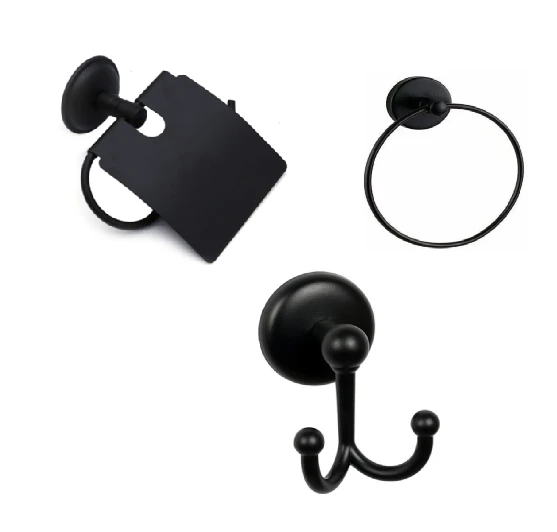 MK Yapışkanlı Siyah Üçlü Banyo Aksesuar Seti - Yuvarlak Havluluk - Banyo Askısı - Kapaklı Tuvalet Kağıtlık ürün görseli