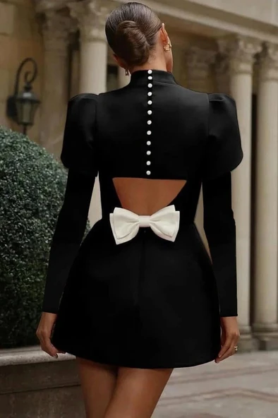 MDB Kadın Uzun Kollu Yarı Balıkçı Yaka Arkadan Kurdela Detaylı Mini Atlas Elbise - Resim 3