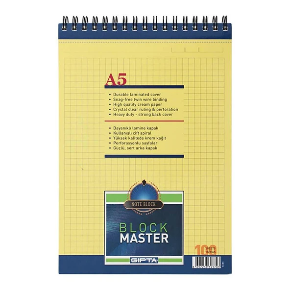 Gıpta Bloknot Block Master Spiralli Kareli 100 YP A5 1385 ürün görseli