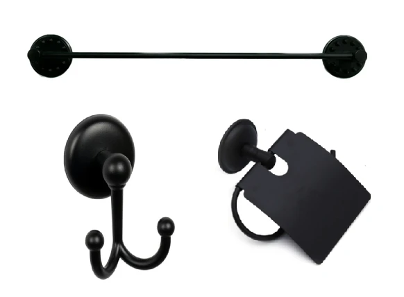 MK Yapışkanlı Siyah Üçlü Banyo Aksesuar Seti - Uzun Havluluk - Banyo Askısı - Tuvalet Kağıtlık ürün görseli