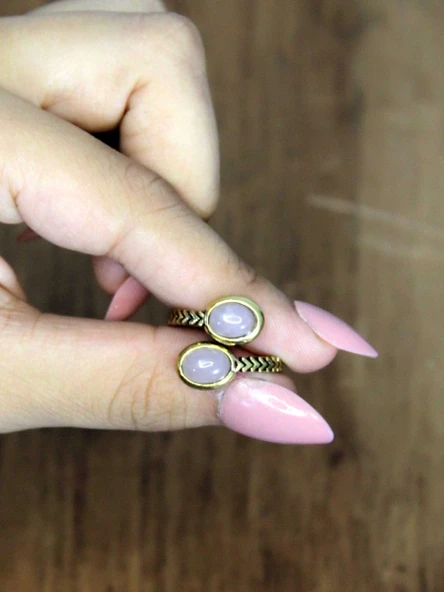 Doğal Taş Pembe Kuvars İkili Doğal Taşlı Antik Model Kadın Ayarlanabillir Yüzük euy75pk - Resim 3