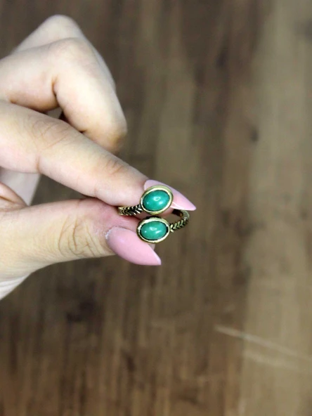 Doğal Taş Yeşil Akik Doğal Taşlı Antik Model Kadın Ayarlanabillir Yüzük euy75ya - Resim 3