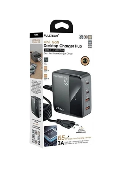 Fulltech FC55 PRIME 65W GaN Masaüstü Şarj Hub 4in1 2 USB-A 2 USB-C Hızlı Şarj Cihazı - 5