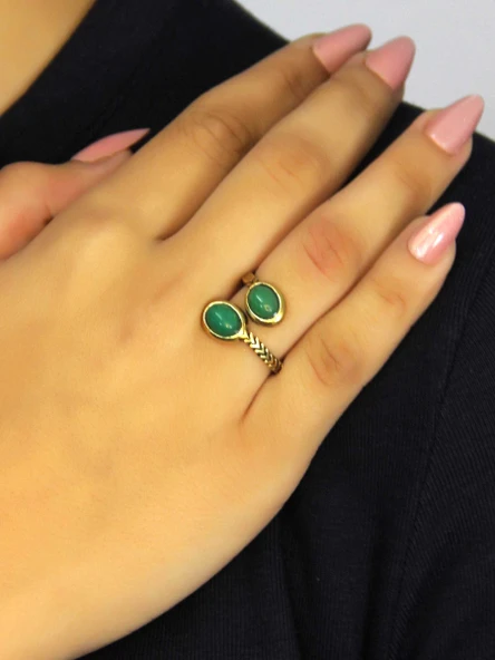 Doğal Taş Yeşil Akik Doğal Taşlı Antik Model Kadın Ayarlanabillir Yüzük euy75ya - Resim 2
