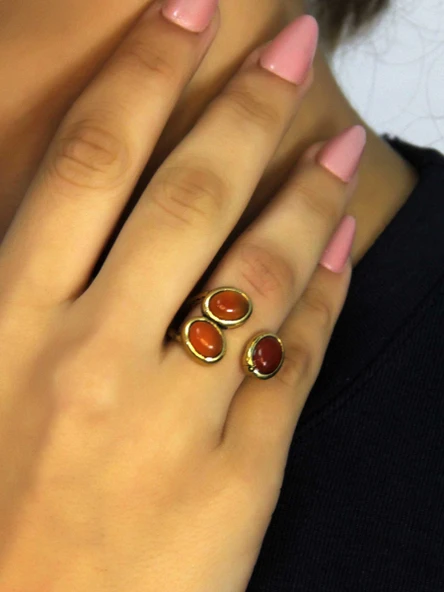 Doğal Taş Akik Oval Üçlü Doğal Taşlı Antik Model Kadın Ayarlanabillir Yüzük euy76a ürün görseli